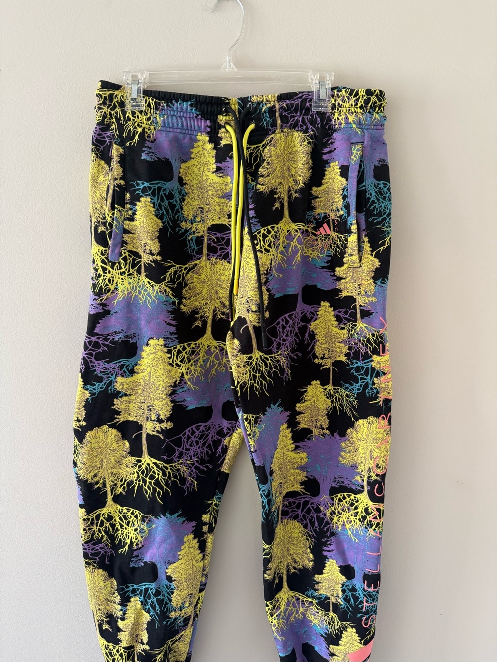 adidas Stella McCartney Black Joggers with Yellow, Purple & Teal Tree Print